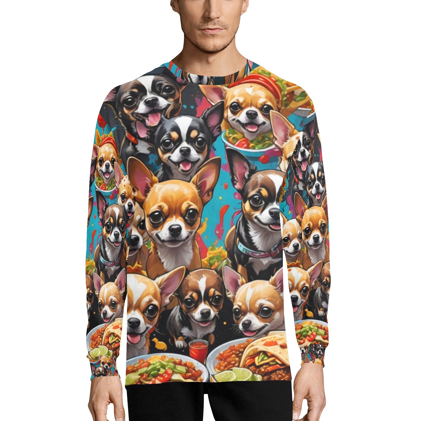 CHIHUAHUAS EATING MEXICAN FOOD 2 Men's Pajama Top with Custom Cuff