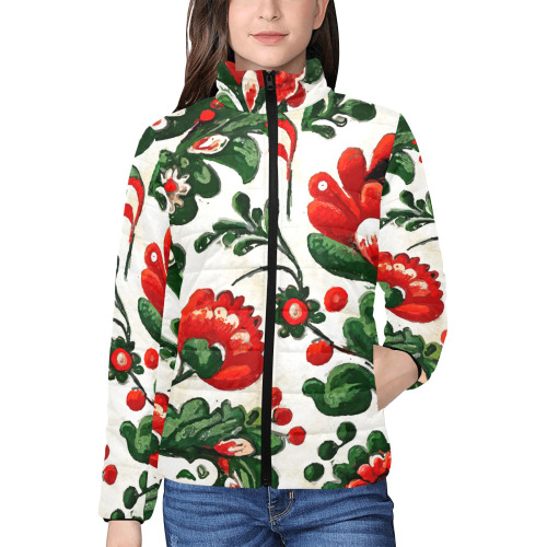 folklore motifs red flowers Women's Stand Collar Padded Jacket (Model H41)