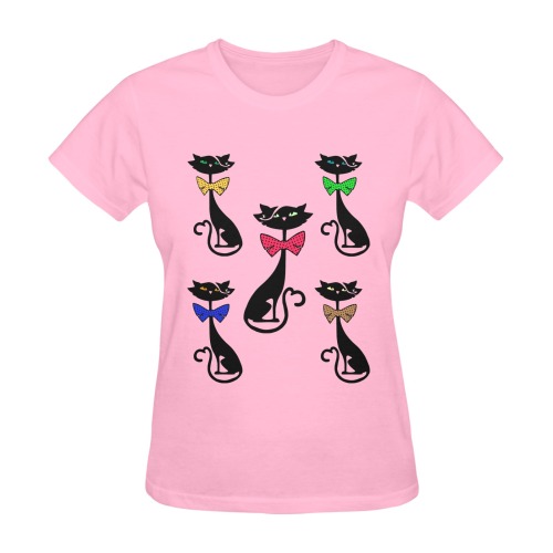 Black Cat with Bow Ties - Pink Sunny Women's T-shirt (Model T05)