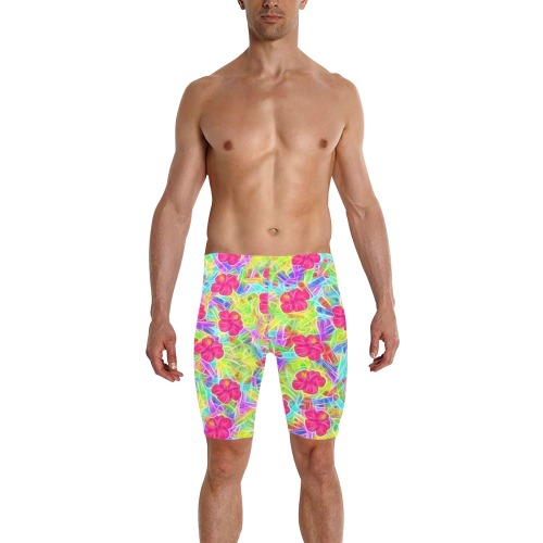 Pink Hawaiian Flowers Pattern Men's Knee Length Swimming Trunks (Model L58)
