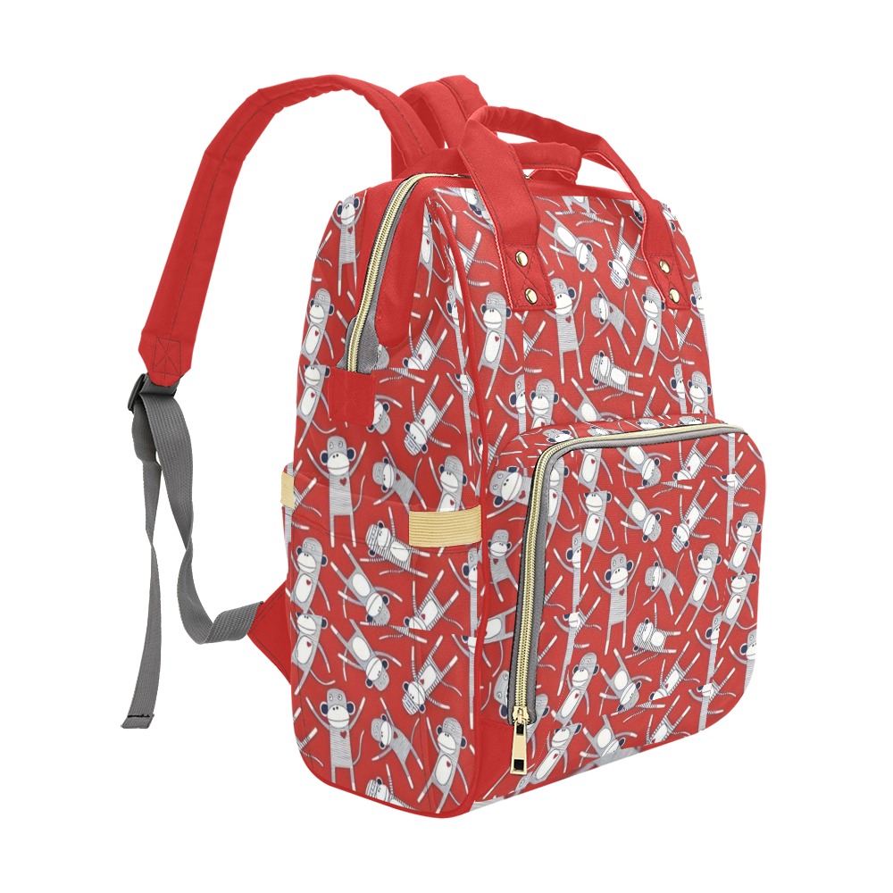Sock Monkey Red Multi-Function Diaper Backpack/Diaper Bag (Model 1688)