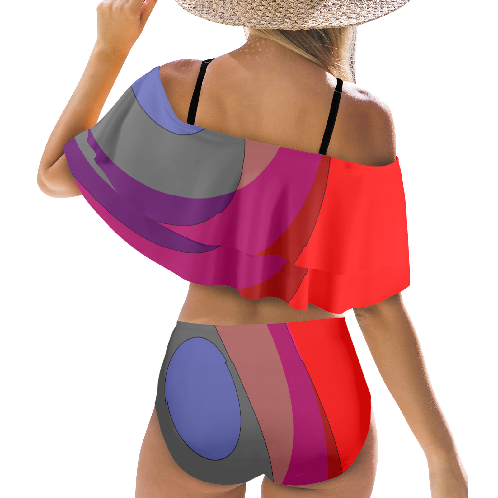 Red Abstract 714 Women's Ruffle Off Shoulder Bikini Swimsuit (Model S45)