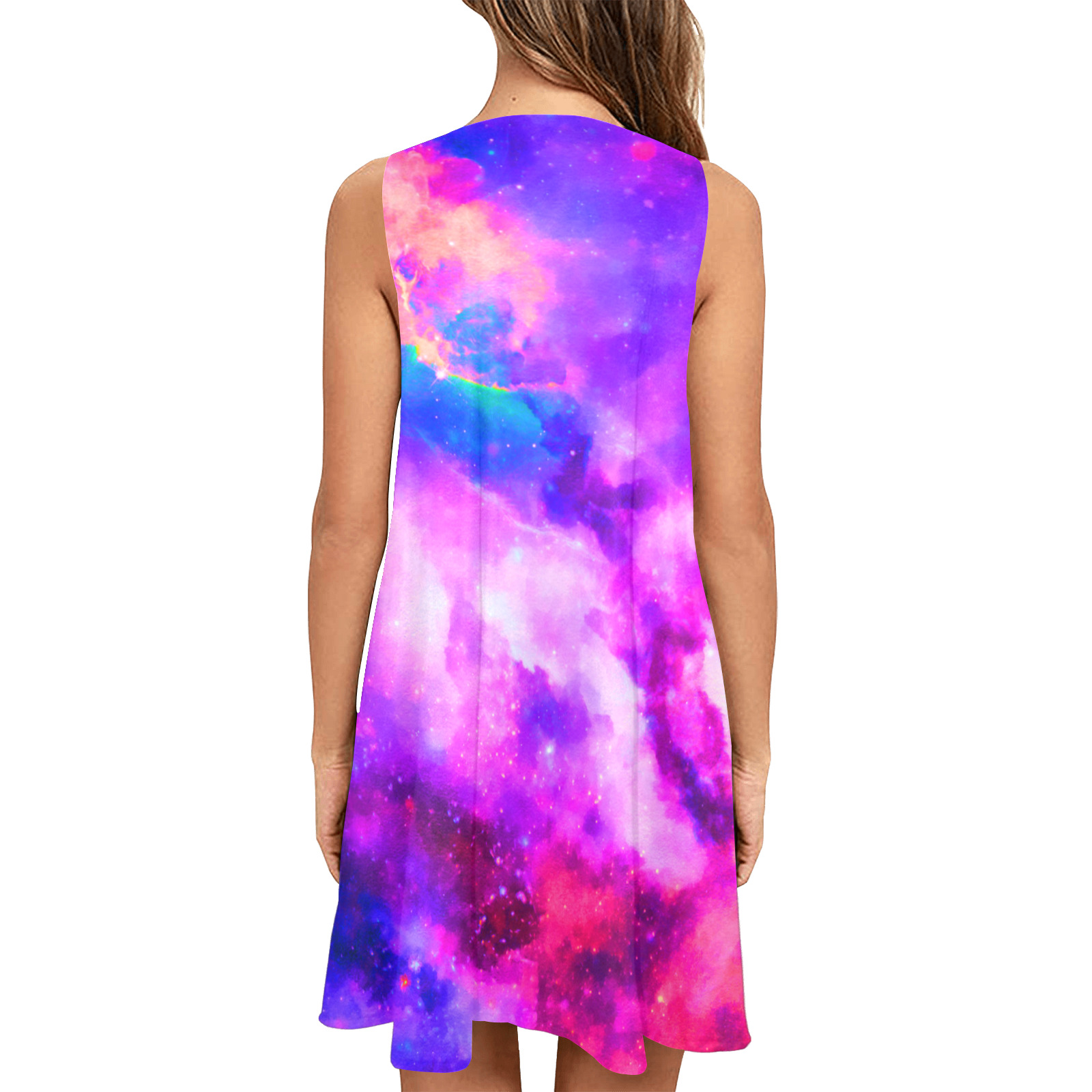Watercolor Universe Galaxy Space Painting Sleeveless A-Line Pocket Dress (Model D57)