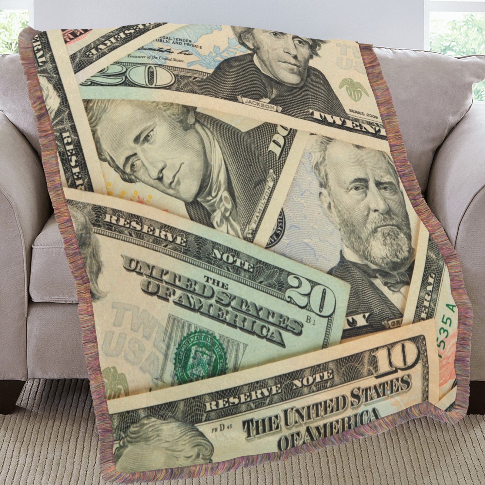 US PAPER CURRENCY Ultra-Soft Fringe Blanket 60"x80" (Mixed Green)
