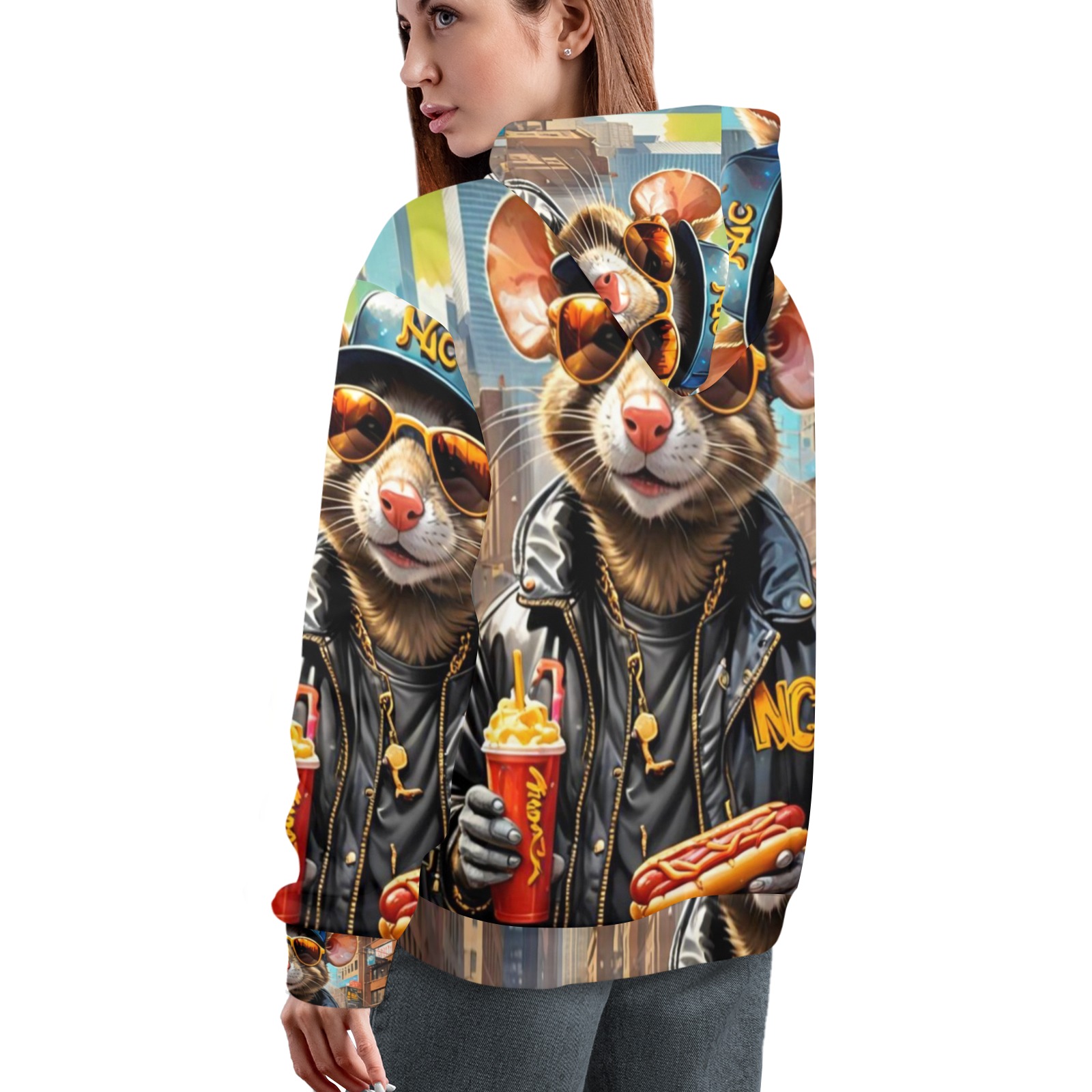 HOT DOG EATING NYC RAT 7 Women's All Over Print Hoodie (Model H61)
