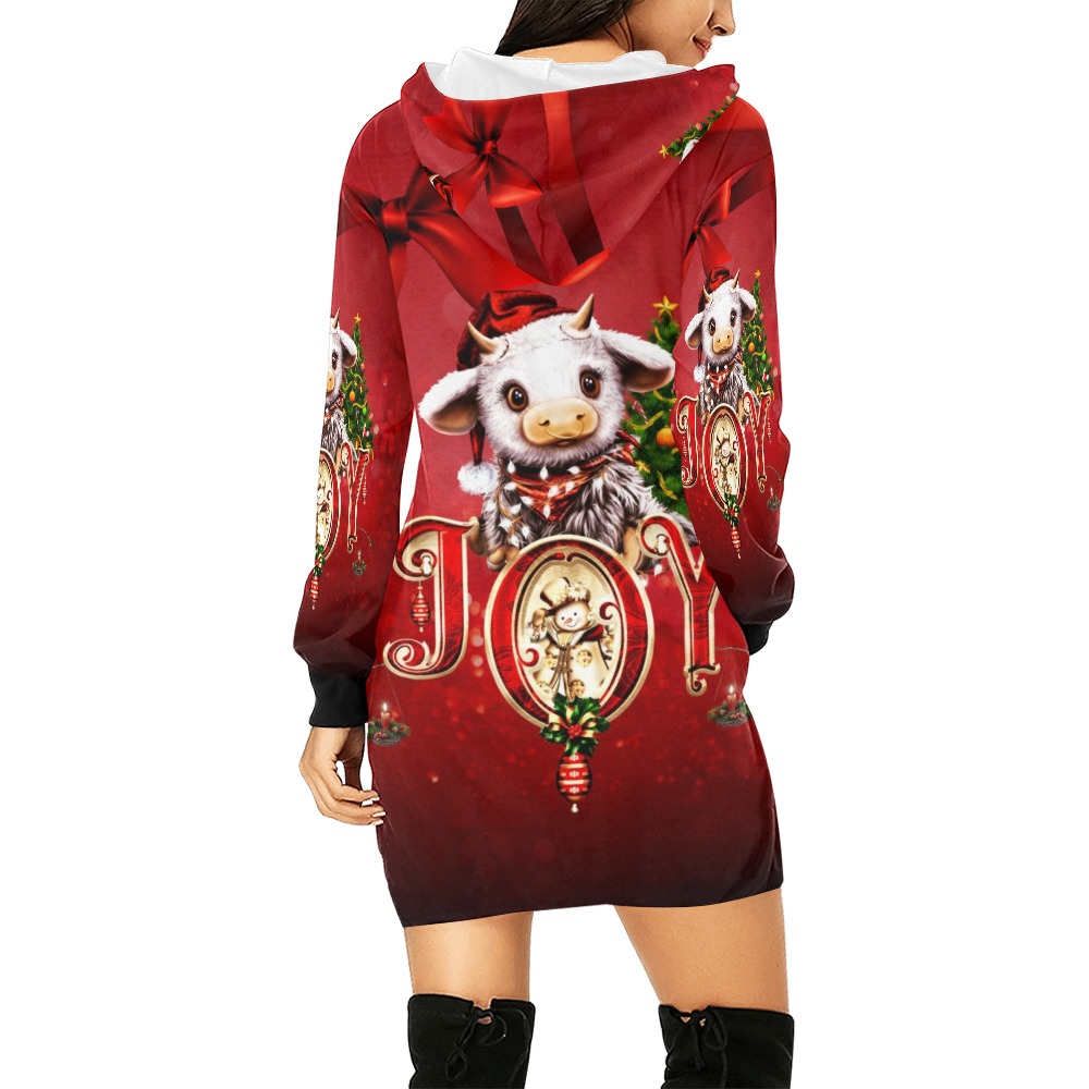 Cute christmas cow All Over Print Hoodie Mini Dress (Model H27)