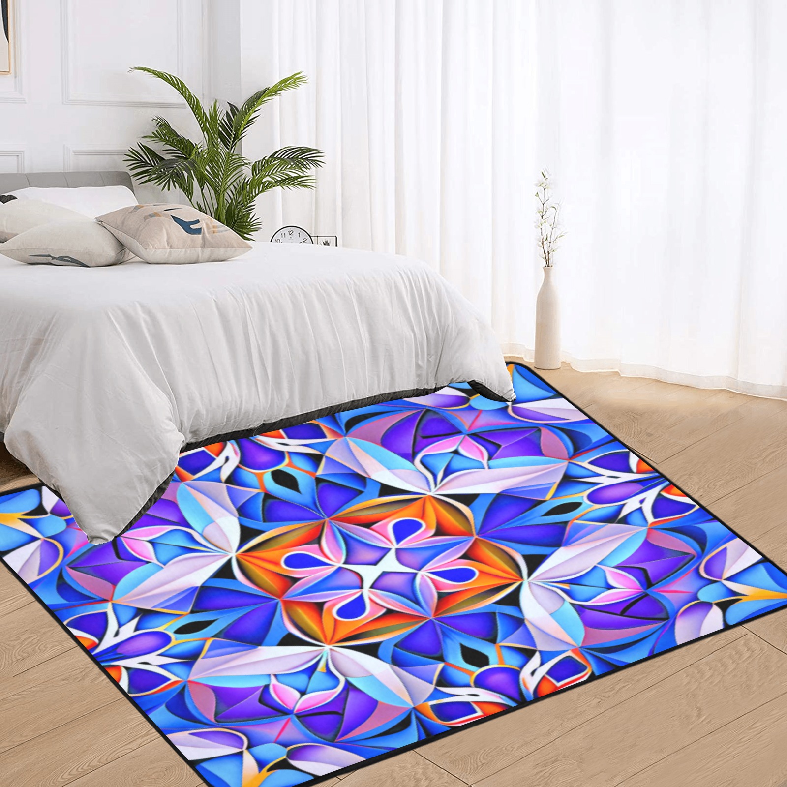 intricate pattern, blue, purple, orange and pink Area Rug with Black Binding 7'x5'