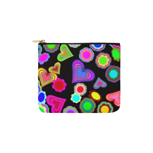 Groovy Hearts and Flowers Black Carry-All Pouch 6''x5''