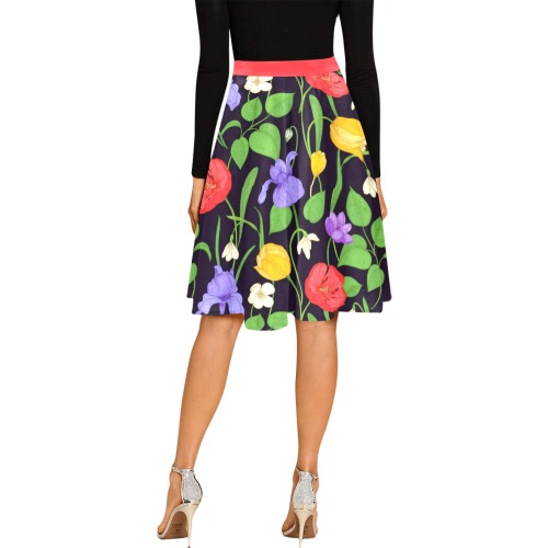 Multicolor Romantic Blooms Print Melete Pleated Midi Skirt (Model D15)
