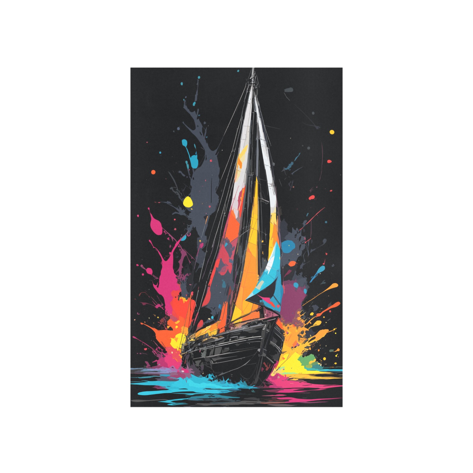 Fantasy sail boat at sea. Colorful art on black Art Print 19‘’x28‘’