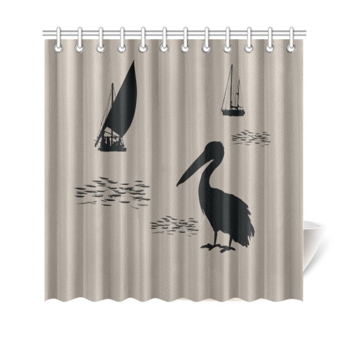 Pelican and Fishing Boats on Beige Shower Curtain 69"x70"