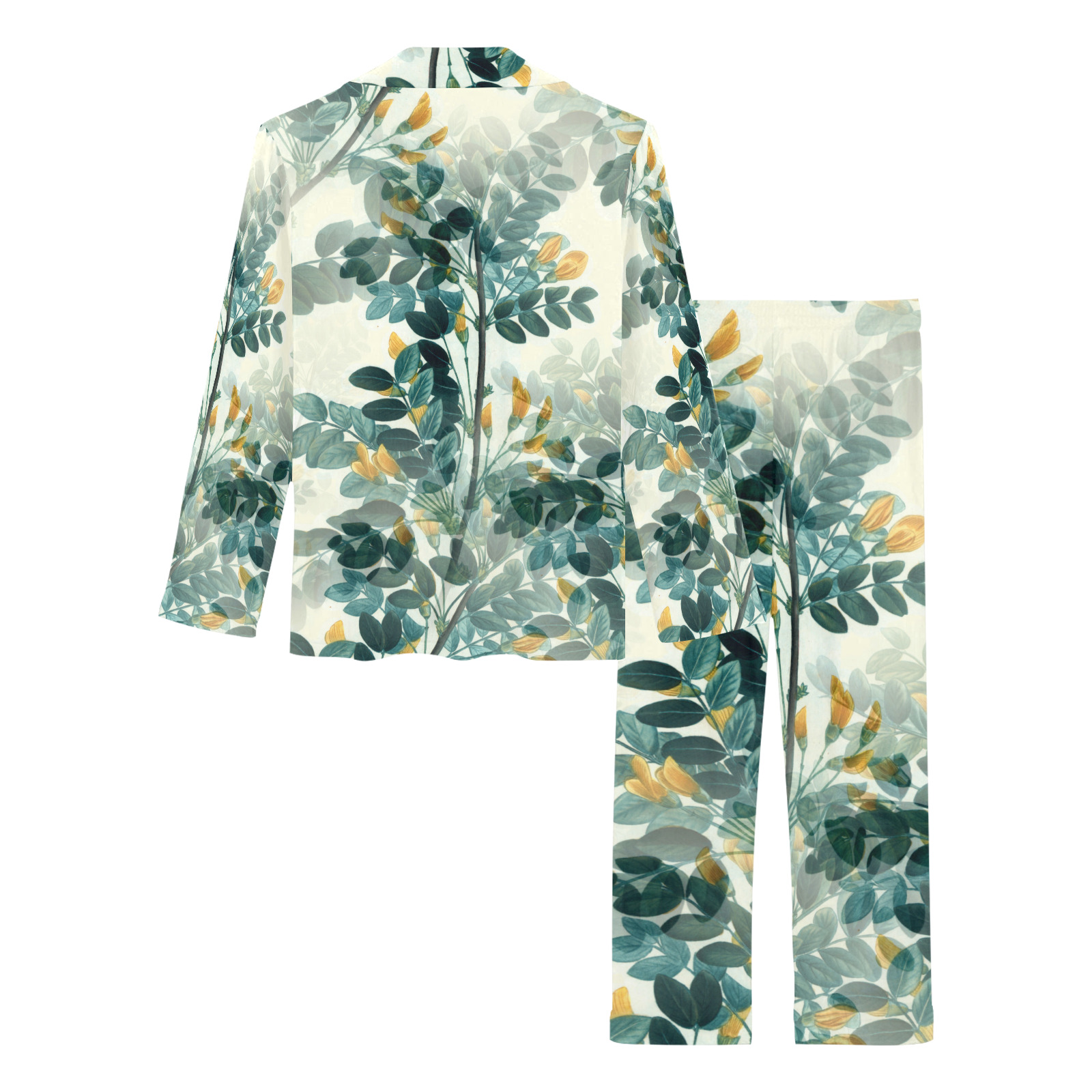 Vintage Yellow Floral Leaf Branch Plant Women's Long Pajama Set