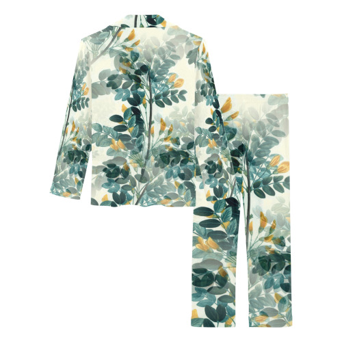 Vintage Yellow Floral Leaf Branch Plant Women's Long Pajama Set