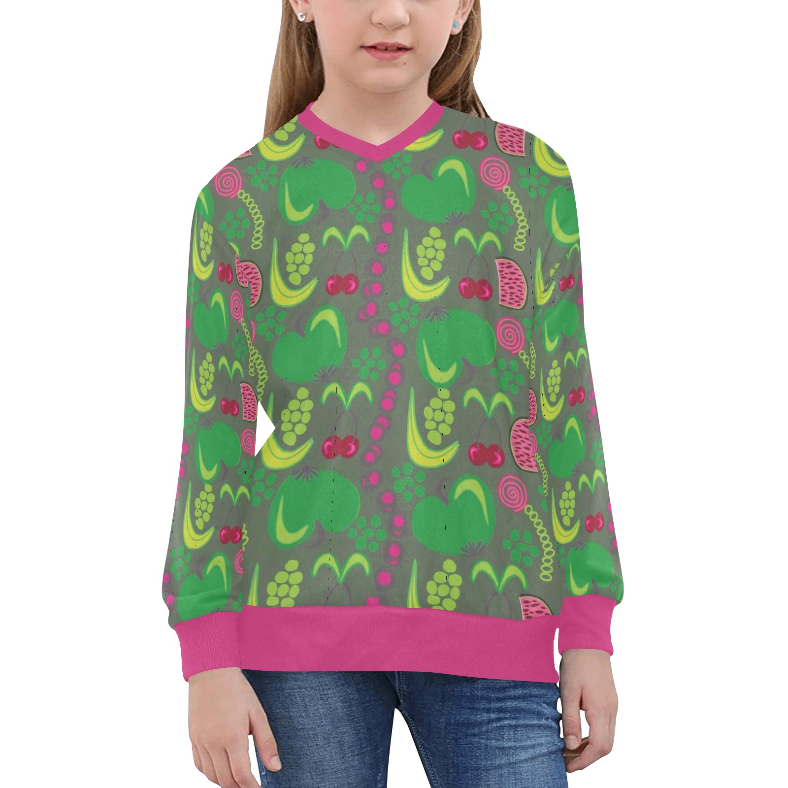 Green&Fruity Pattern Girls' All Over Print V-Neck Sweater (Model H48)