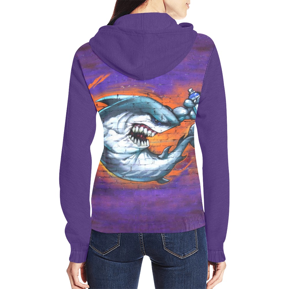 Graffiti Shark Wall Art - Purple Sleeves All Over Print Full Zip Hoodie for Women (Model H14)