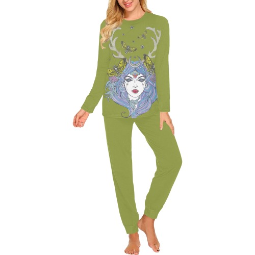 Goddess Sun Moon Earth Olive Green Women's All Over Print Pajama Set