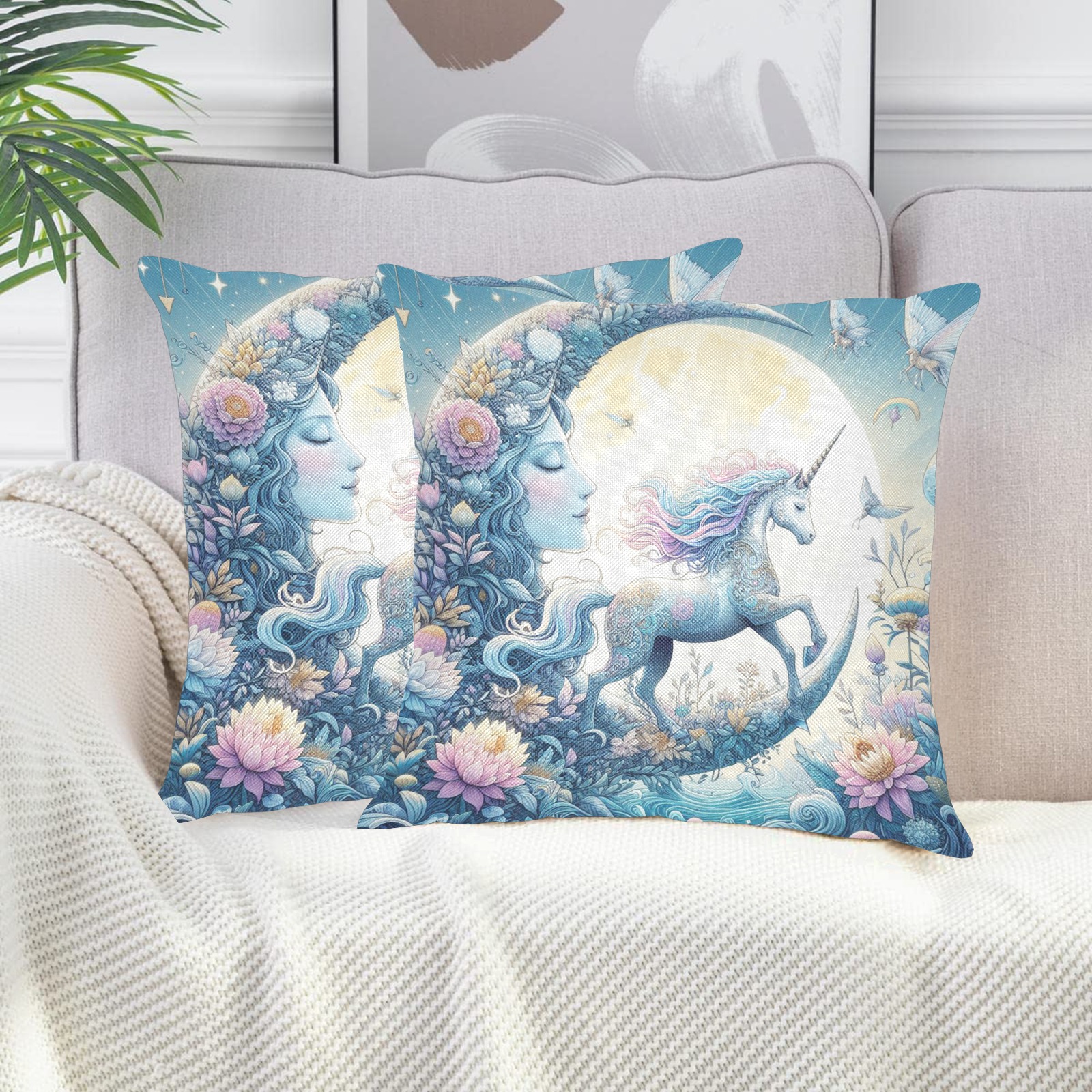 Unicorn And The Moon Linen Zippered Pillowcase 18"x18"(Two Sides&Pack of 2)