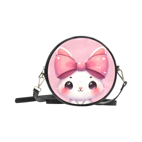 Pink bow bunny black shoulder bag Round Sling Bag (Model 1647)