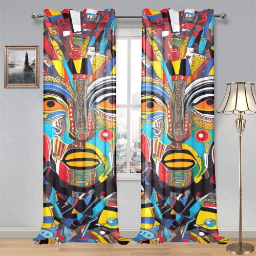 Beautiful abstract art. Colorful African mask. Gauze Curtain 28"x95" (Two-Piece)