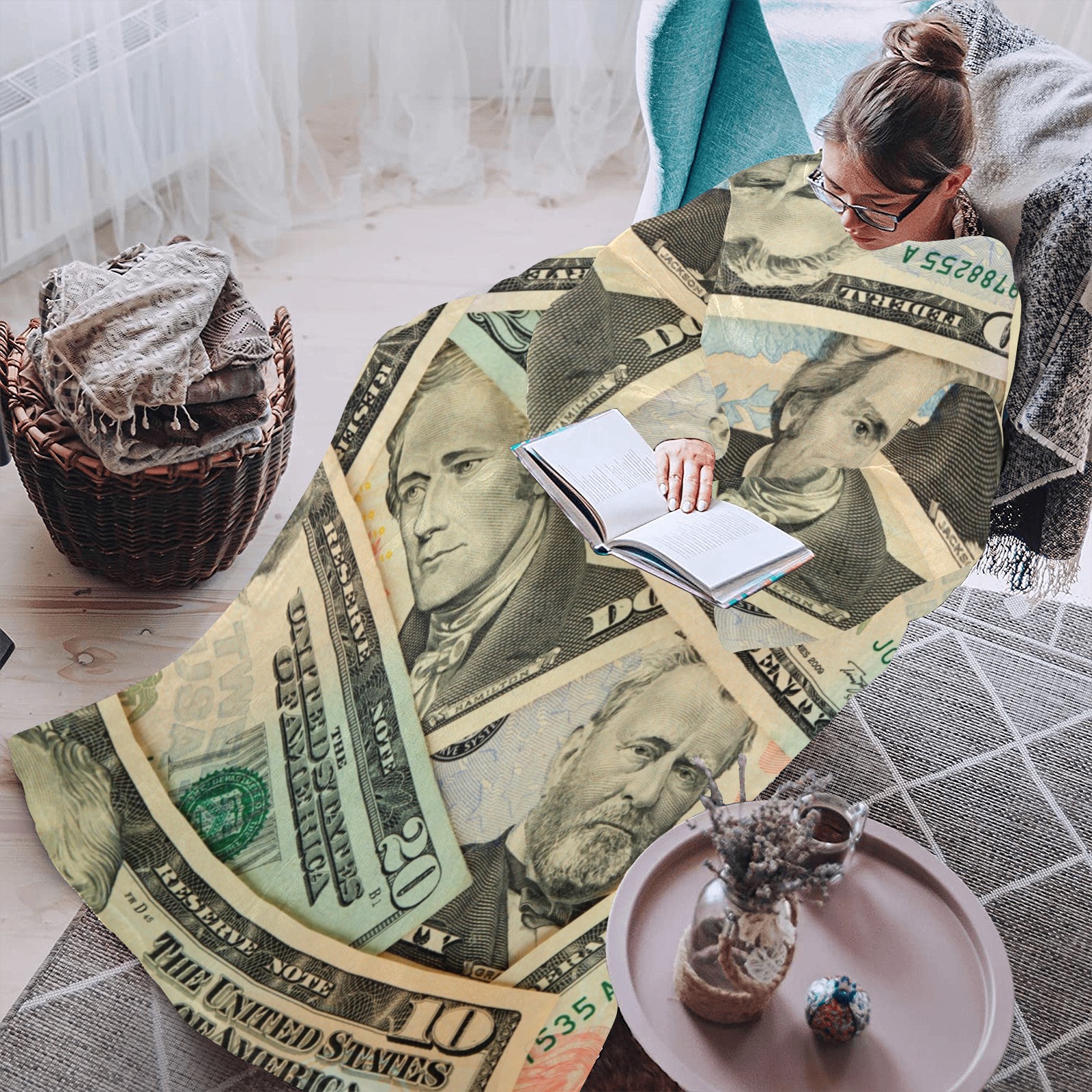 US PAPER CURRENCY Blanket Robe with Sleeves for Adults