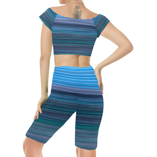 Abstract Blue Horizontal Stripes Women's Crop Top Yoga Set