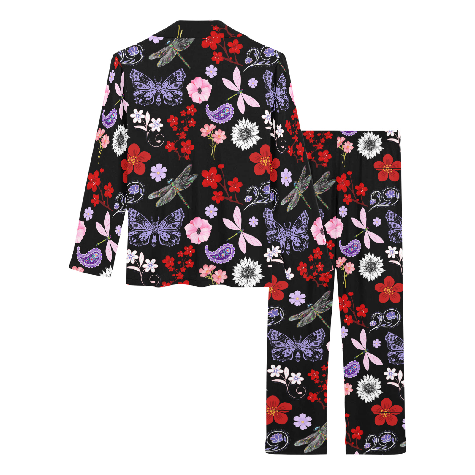 Black, Red, Pink, Purple, Dragonflies, Butterfly and Flowers Design Women's Long Pajama Set