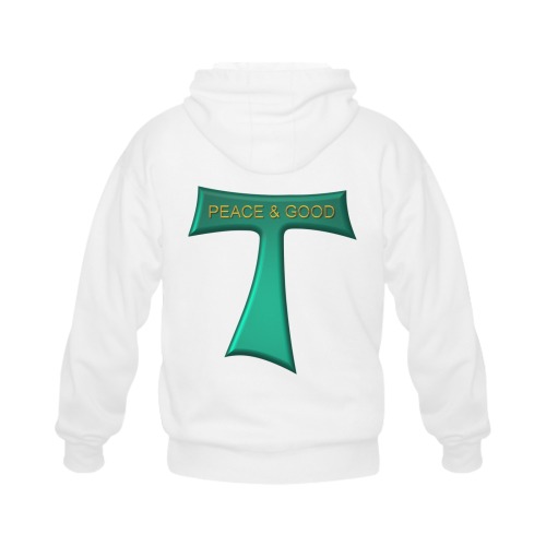 Franciscan Tau Cross Peace and Good Green Steel Metallic Gildan Full Zip Hooded Sweatshirt (Model H02)