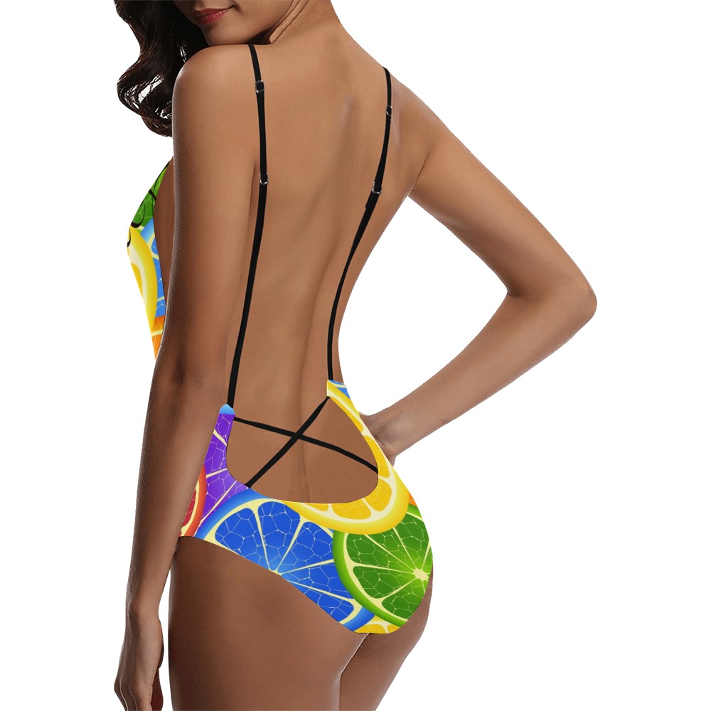 Prett&PettyOrange slices sexy swimsuit Sexy Lacing Backless One-Piece Swimsuit (Model S10)