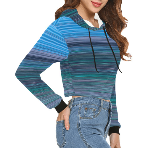 Abstract Blue Horizontal Stripes All Over Print Crop Hoodie for Women (Model H22)