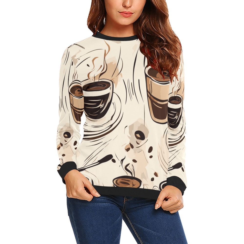 Coffee cups, beans on a beige tablecloth cool art All Over Print Crewneck Sweatshirt for Women (Model H18)