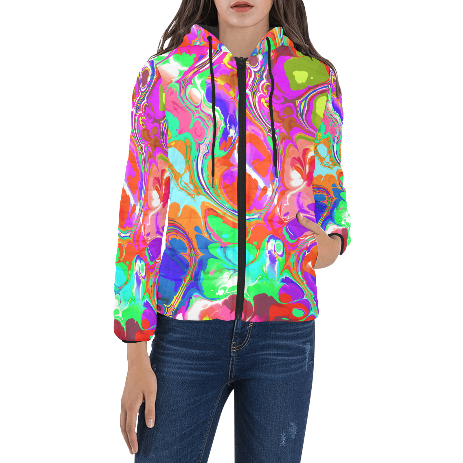Psychedelic Abstract Marble Artistic Dynamic Paint Art Women's Padded Hooded Jacket (Model H46)