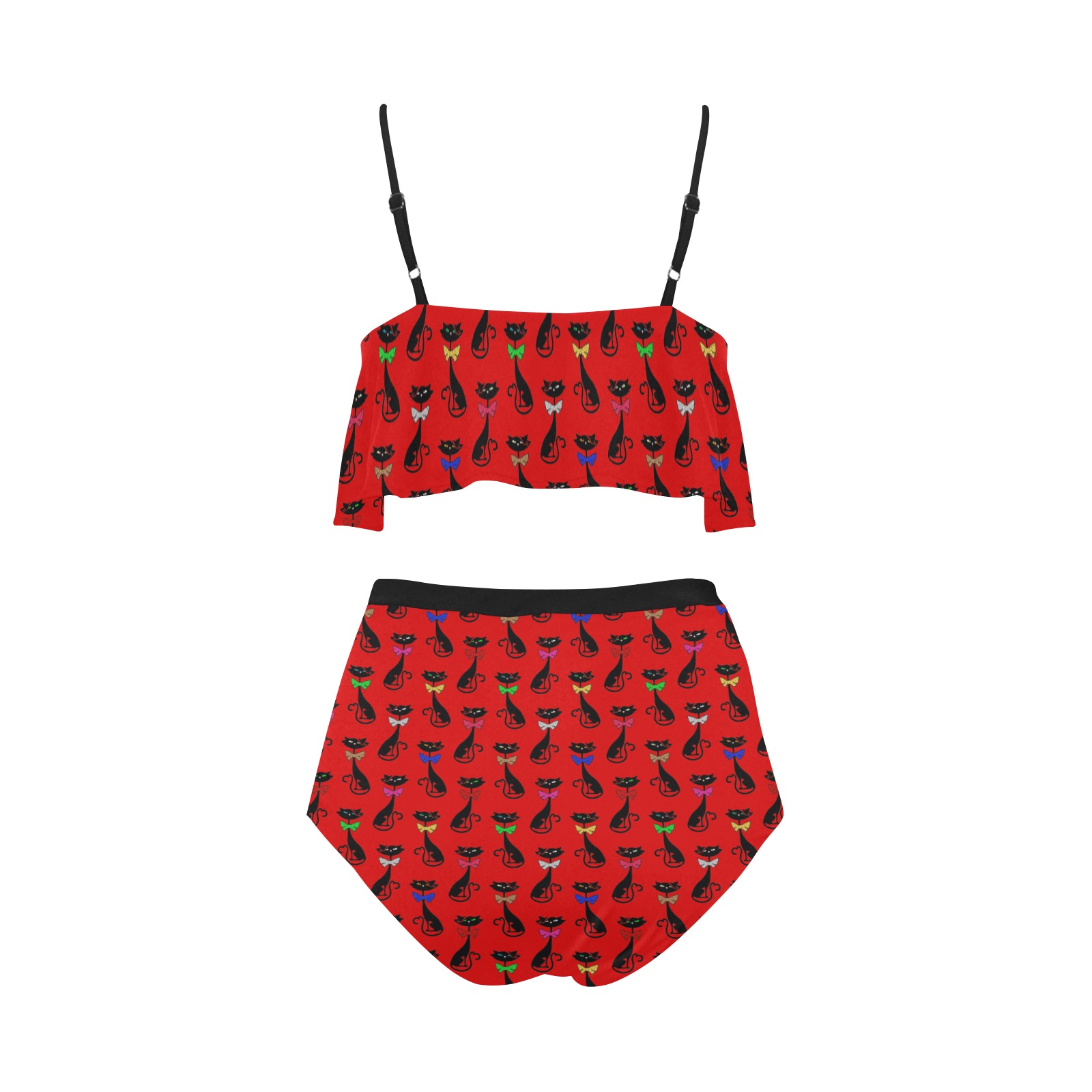 Black Cats Wearing Bow Ties - Red High Waisted Ruffle Bikini Set (Model S13)