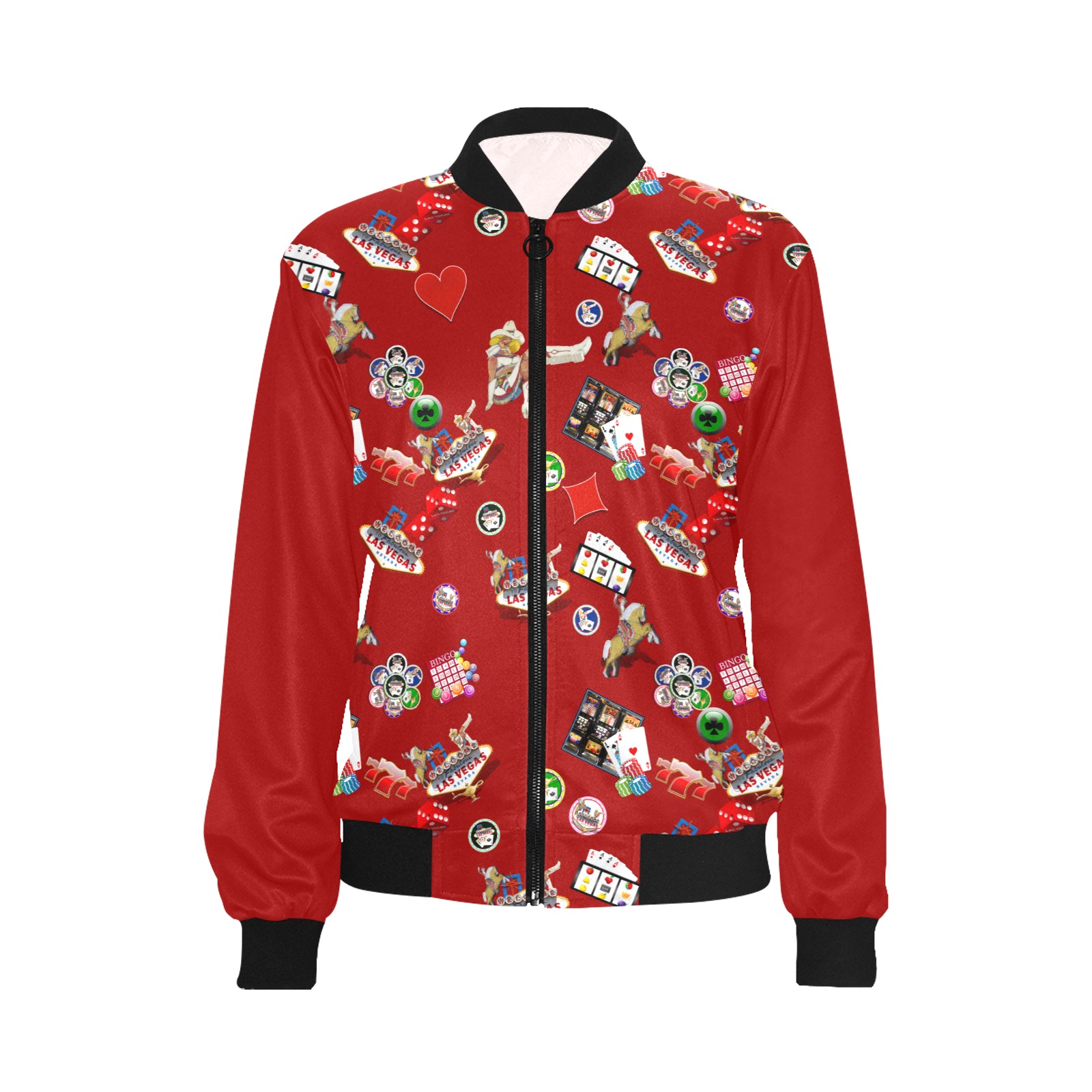 Famous Las Vegas Icons Red All Over Print Bomber Jacket for Women (Model H36)