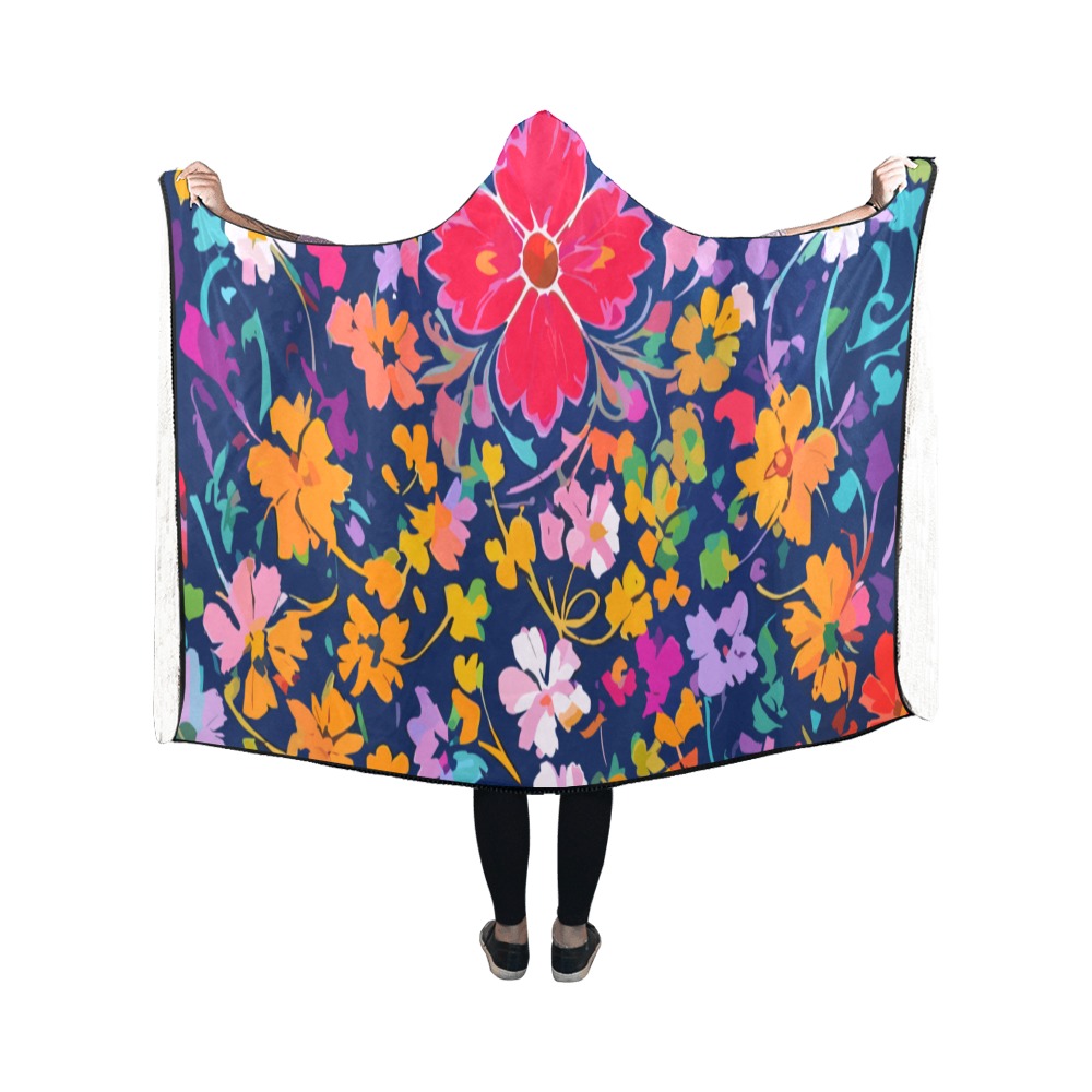 Chraming pattern of colorful flowers on navy blue. Hooded Blanket 50''x40''