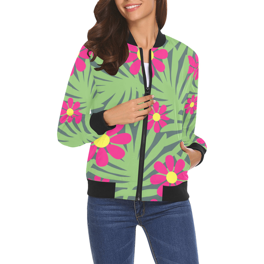 Pink Exotic Paradise Jungle Flowers and Leaves All Over Print Bomber Jacket for Women (Model H19)