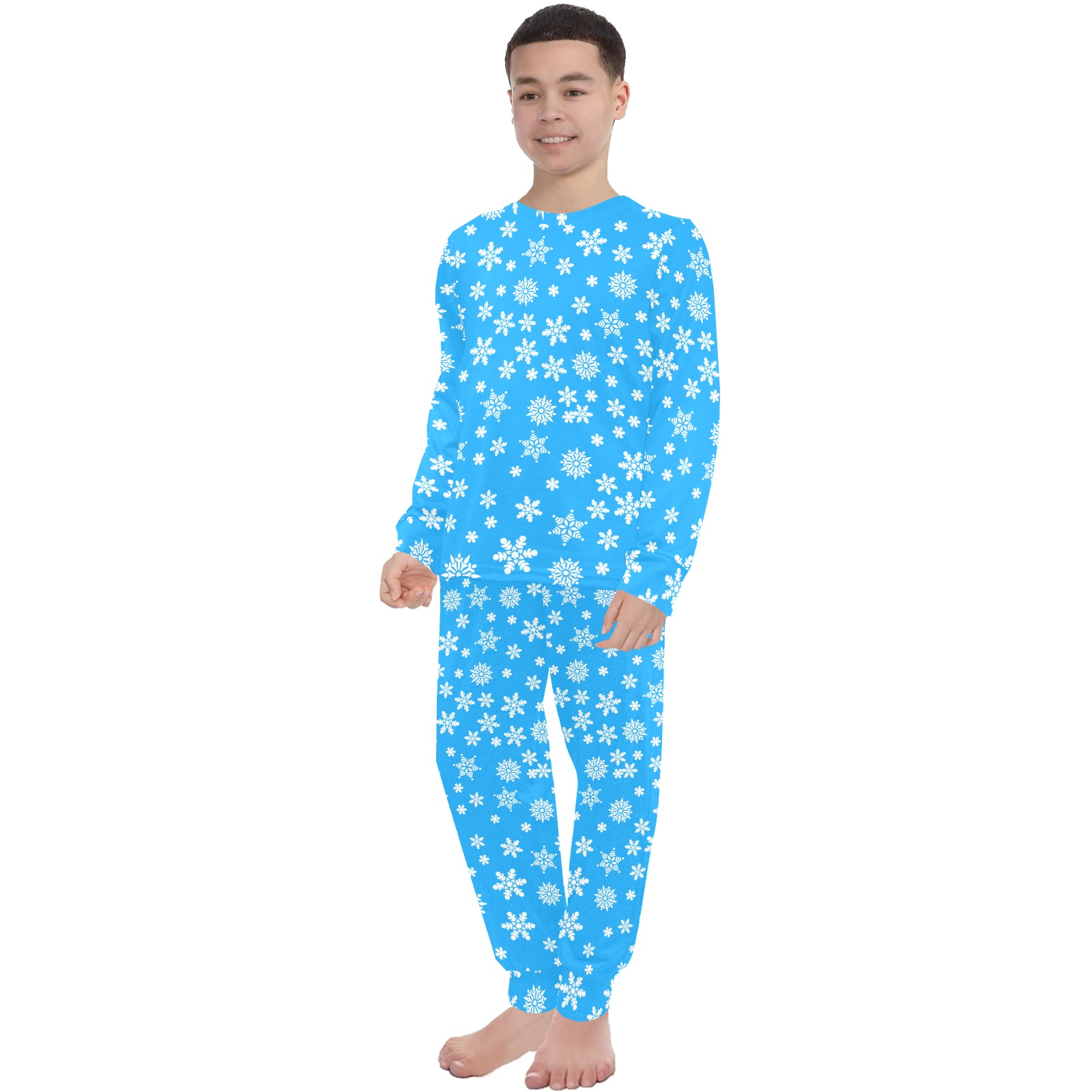 Christmas White Snowflakes on Light Blue Big Boys' Crew Neck Long Pajama Set