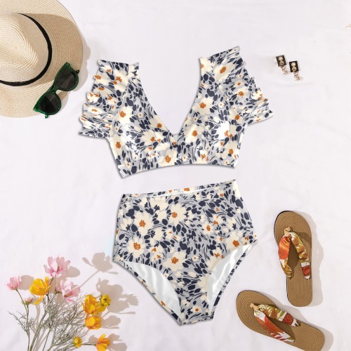 BW tropical floral Women's Ruffle Sleeve Bikini Swimsuit (Model S42)