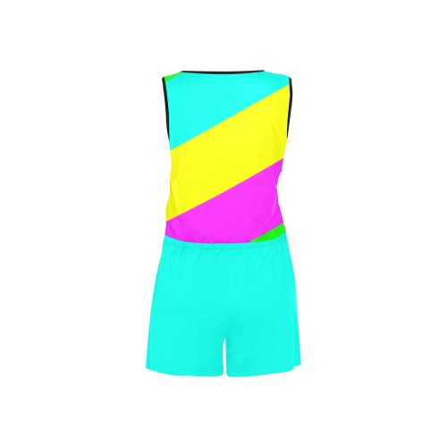 Bright Neon Colors Diagonal Blue All Over Print Short Jumpsuit