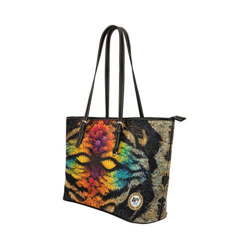 psychedelic tiger print 03 Leather Tote Bag/Large (Model 1651)