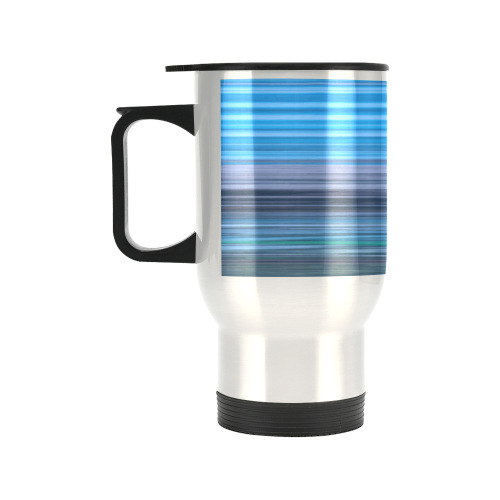 Abstract Blue Horizontal Stripes Travel Mug (Silver) (14 Oz)