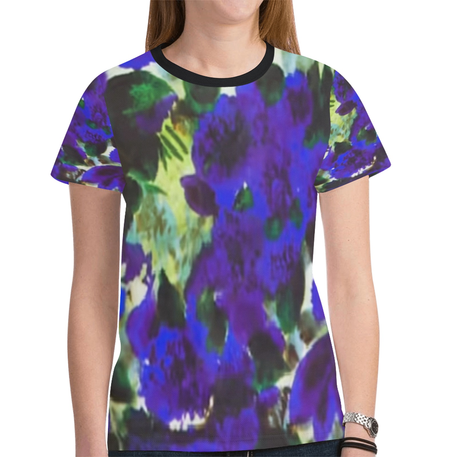Blue Floral Print New All Over Print T-shirt for Women (Model T45)