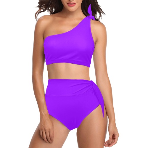color electric violet High Waisted One Shoulder Bikini Set (Model S16)