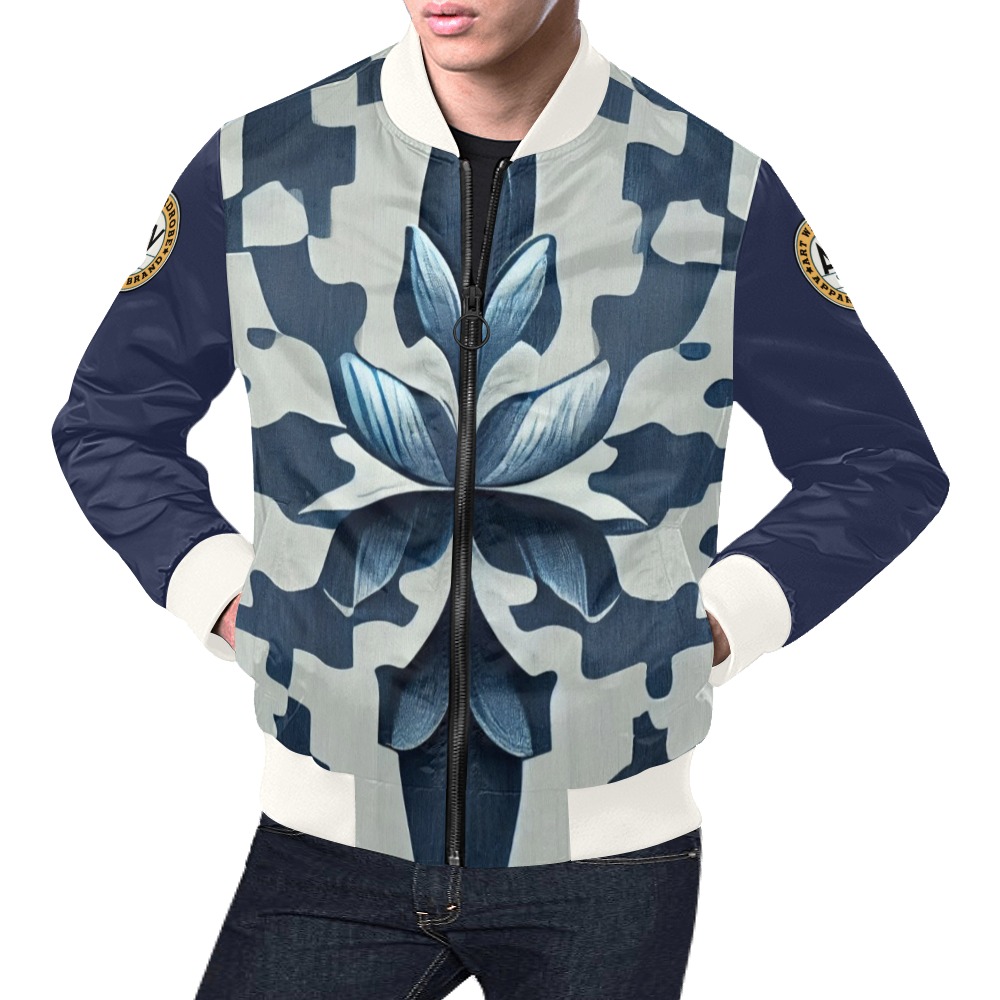dark blue and white pattern dark blue sleeves All Over Print Bomber Jacket for Men (Model H19)