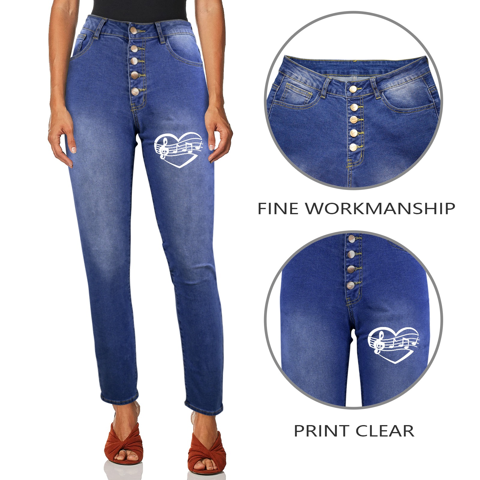 I love music, violin clef, notes, heart in white. Women's Jeans (Front Printing)