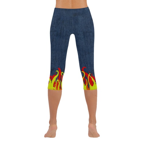 Fire and Flames With Denim-look Low Rise Capri Leggings (Invisible Stitch) (Model L08)