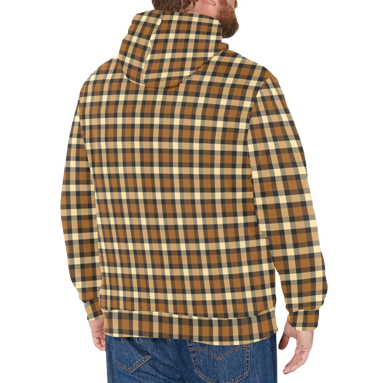 Autumn Brown Beige Plaid Men's Long Sleeve Fleece Hoodie (Model H55)