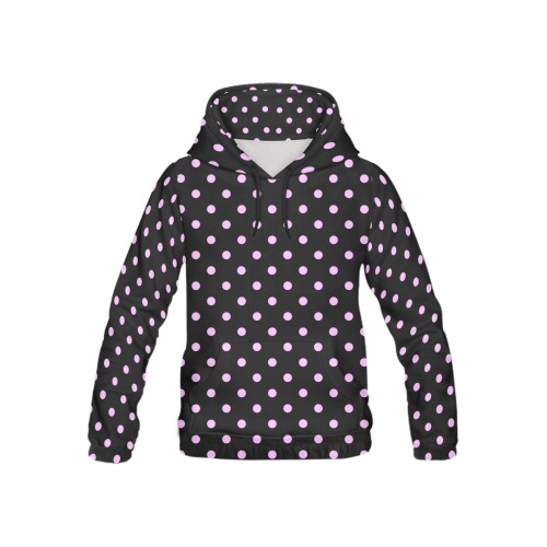Pink Polka Dots on Black All Over Print Hoodie for Kid (USA Size) (Model H13)