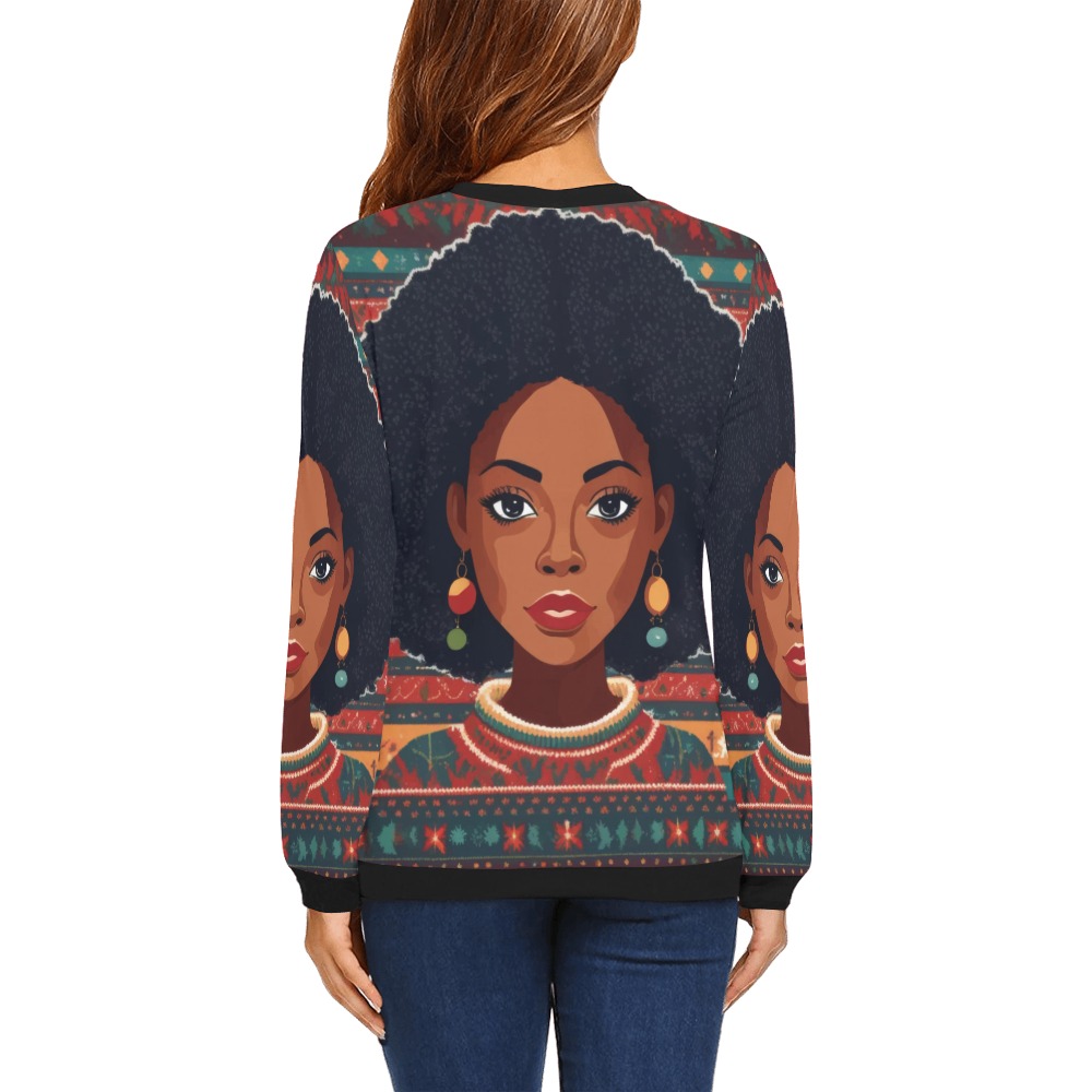 Lovely African American woman and tribal pattern. All Over Print Crewneck Sweatshirt for Women (Model H18)