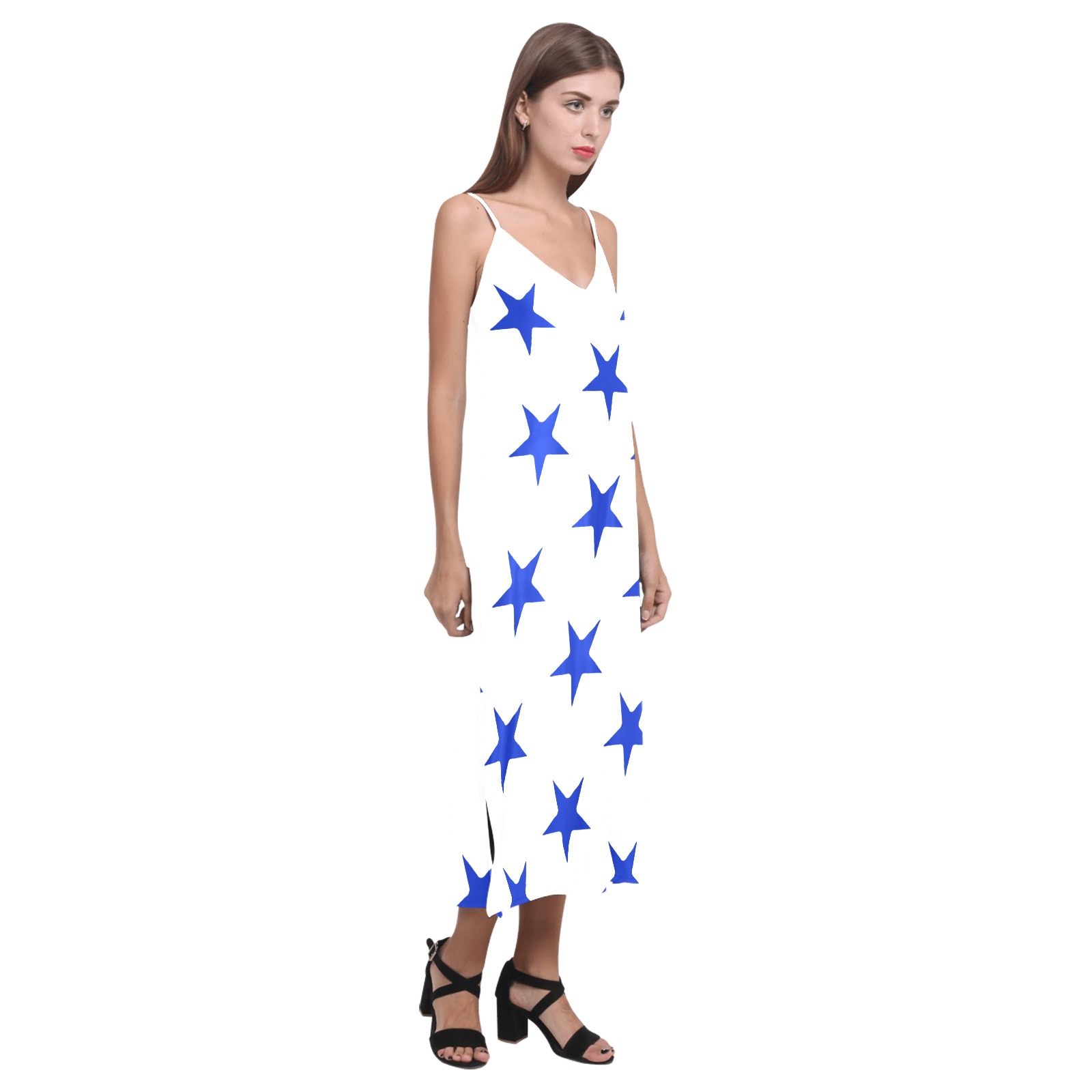 blue star lge V-Neck Open Fork Long Dress(Model D18)