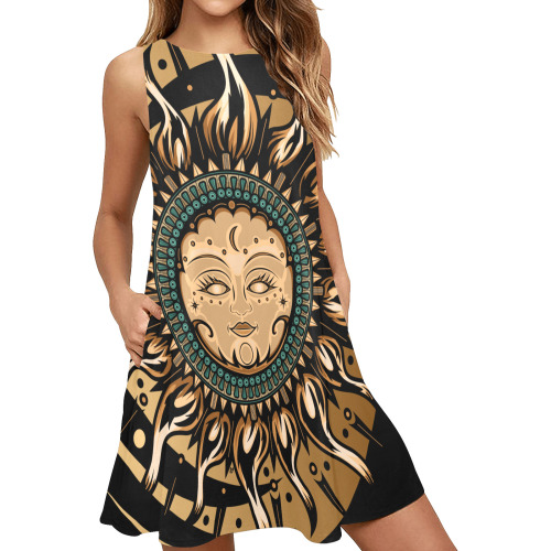 Sun Goddess Sleeveless A-Line Pocket Dress (Model D57)